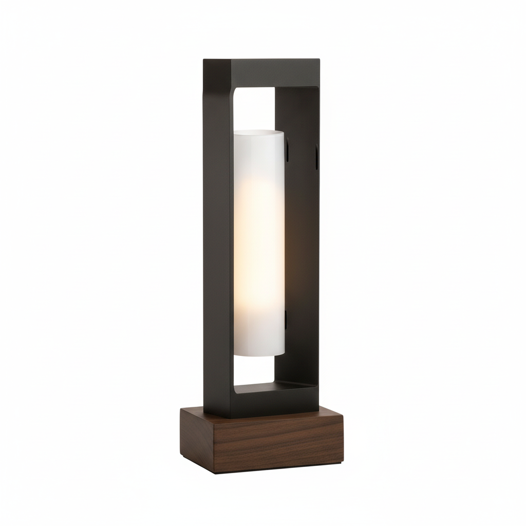 Modern Rectangular Solar & Hardwired Outdoor Lantern with Wood Base - IP54 Waterproof LED Path Light