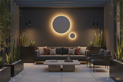 Gray Concrete Circular Wall Sconce - LED Landscape Accent Fixture for Outdoor Spaces