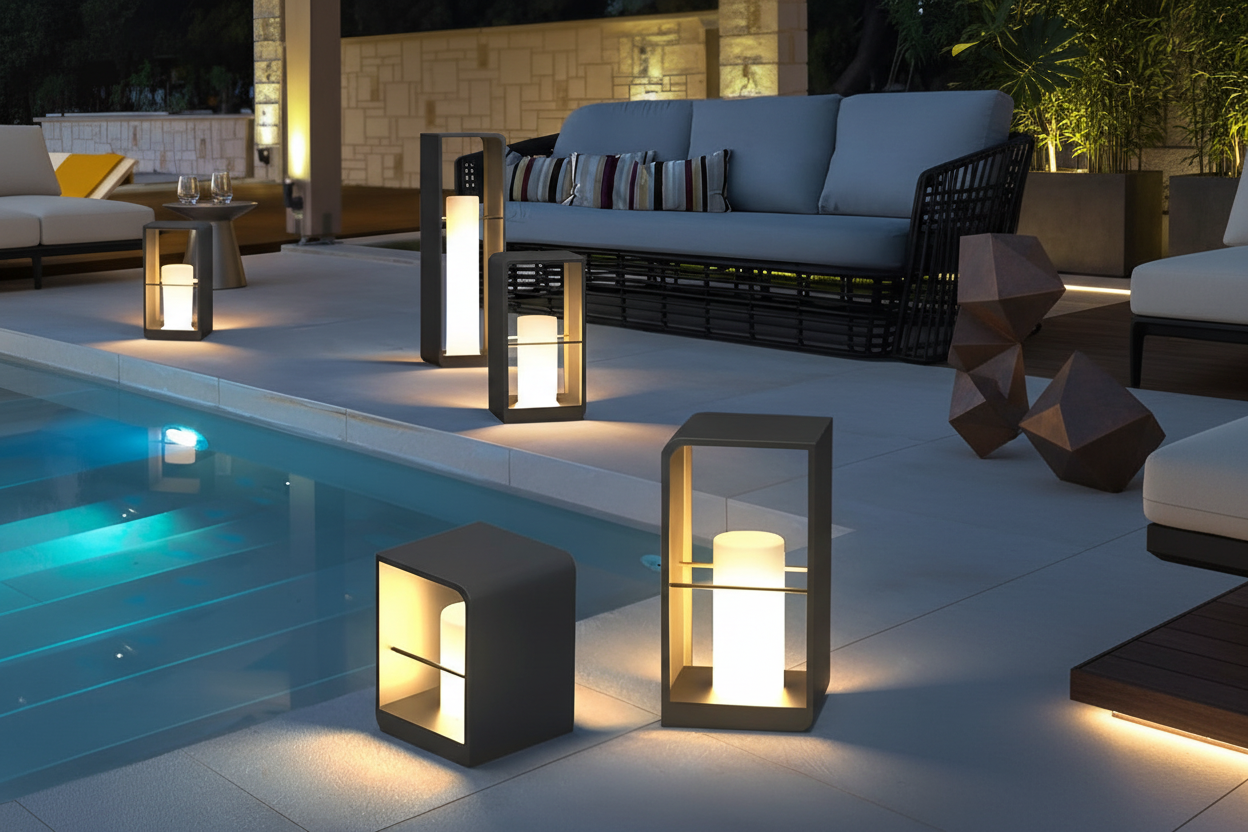Modern Rectangular Solar & Hardwired Outdoor Lantern with Wood Base - IP54 Waterproof LED Path Light