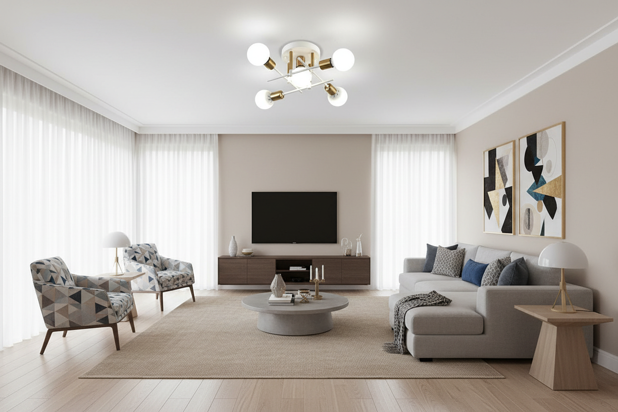 Nordic Country Style 5-Light Semi-Flush Ceiling Fixture with Geometric Design