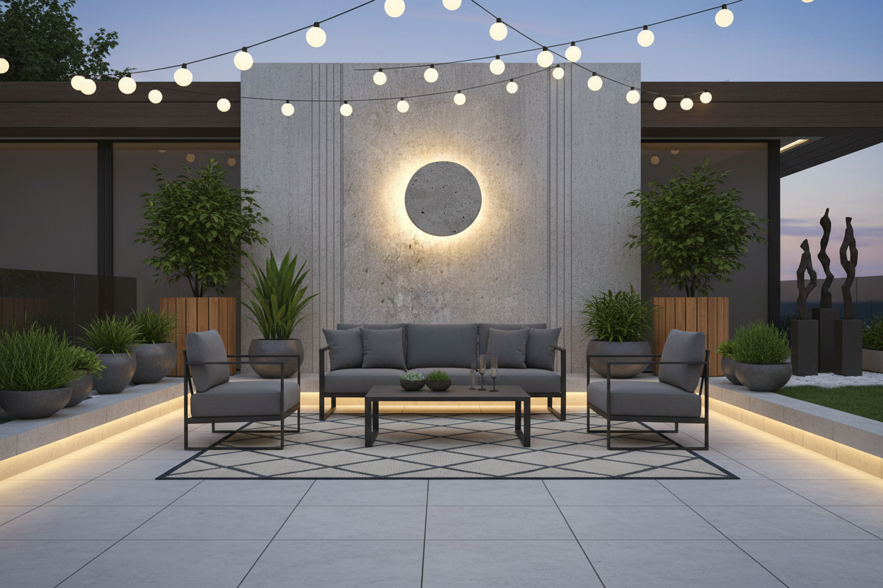 Gray Concrete Circular Wall Sconce - LED Landscape Accent Fixture for Outdoor Spaces