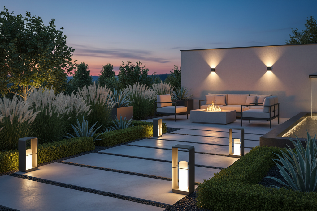 Modern Rectangular Solar & Hardwired Outdoor Lantern with Wood Base - IP54 Waterproof LED Path Light